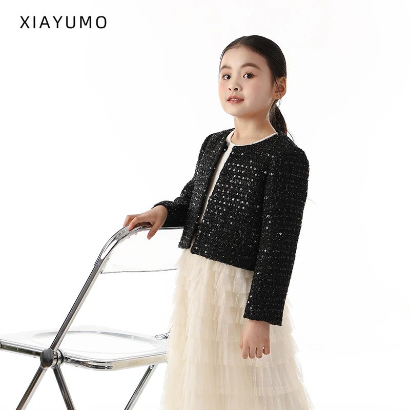 夏羽墨女童春秋新款黑色针织小香风外套时尚洋气气质外搭长袖童装