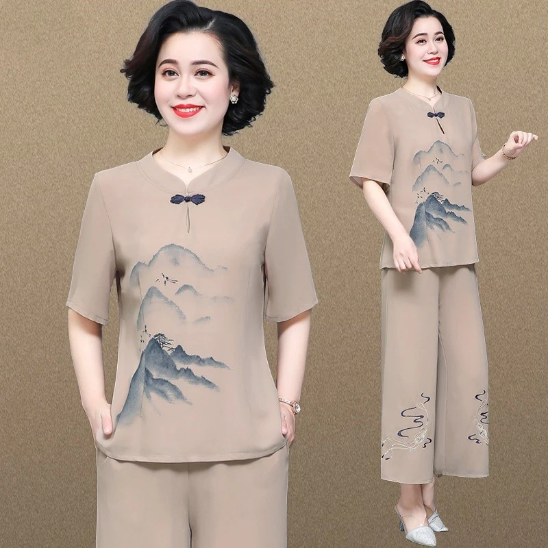 妈妈春装套装新中式中国风洋气中老年女夏装大码休闲七分袖两件套