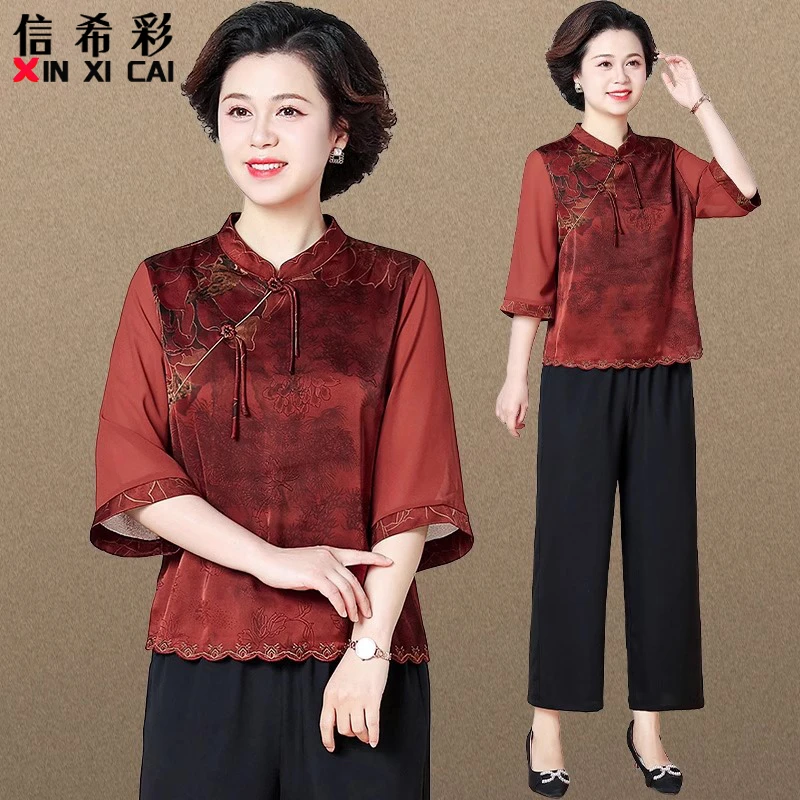 母亲节礼物妈妈夏装复古套装七分袖上衣新中式国风中老年女50岁60