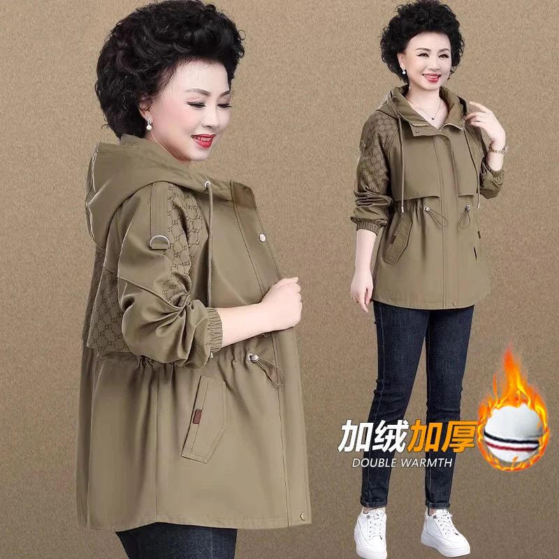 妈妈冬装外套加绒加厚中长款中老年秋季风衣夹克阔太太派克服风衣