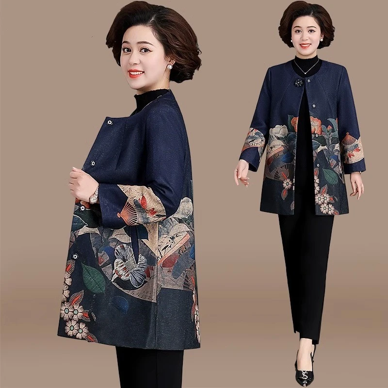 胖妈妈秋装外套新中式50岁60中老年人阔太太中长款风衣女加肥大码