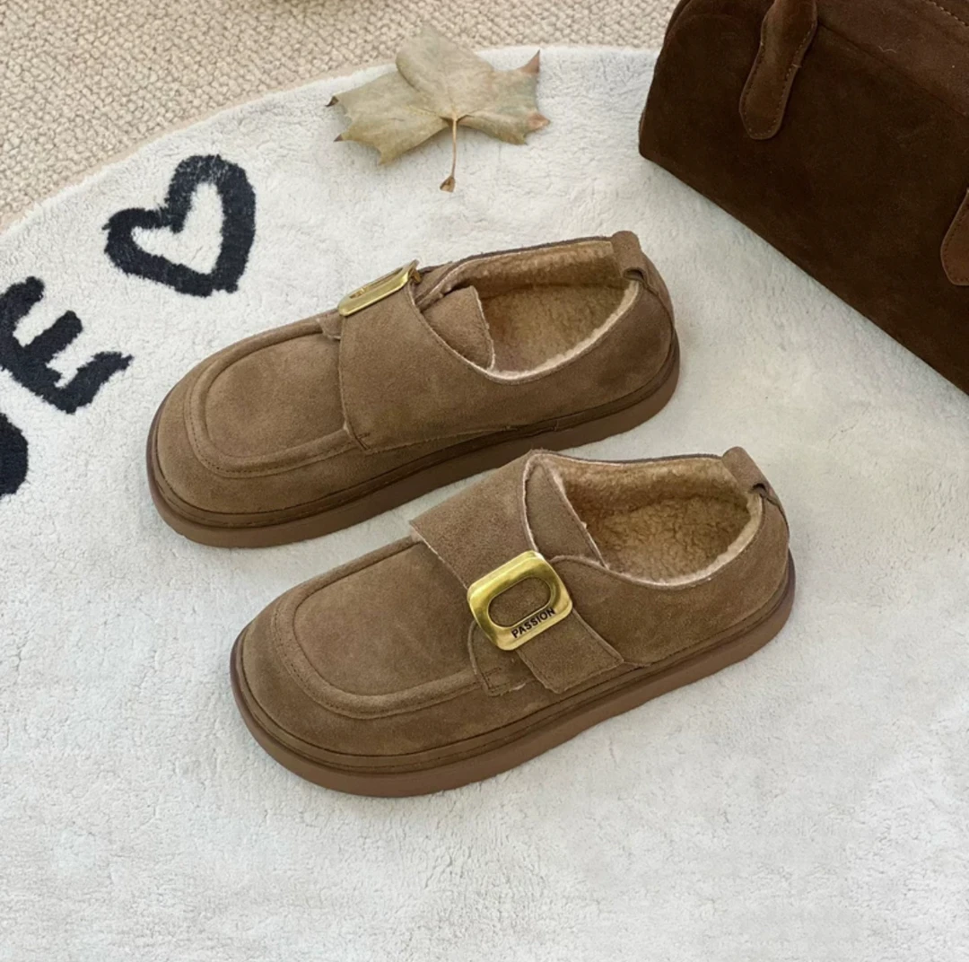【喵喵】磨砂皮厚底乐福鞋女2024新款真皮复古勃肯加绒加厚保暖916
