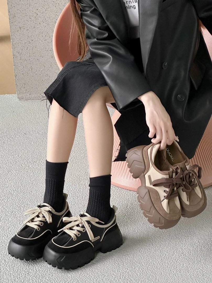 【加绒】松糕厚底复古加绒老爹鞋女美拉德风高级感休闲运动鞋9033-3