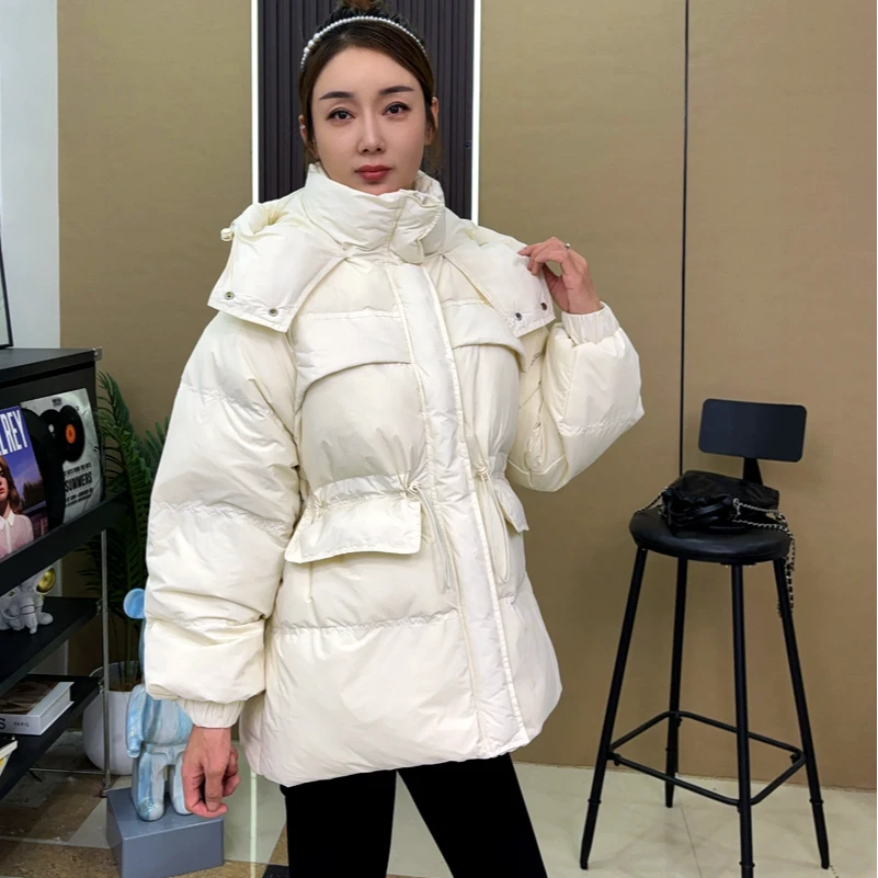 QBS连帽收腰风衣款羽绒服新款冬季韩版短款加厚外套女中长款百搭