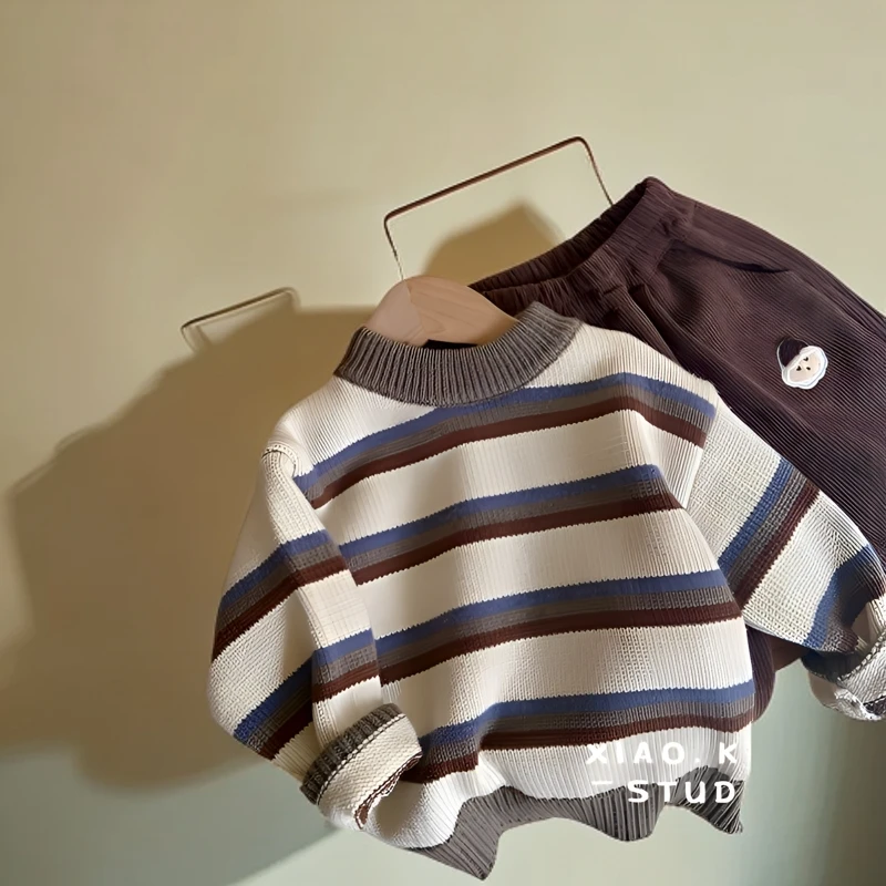 儿童男童新款加厚秋冬韩版条纹针织衫春秋女童长袖洋气宝宝小童ol