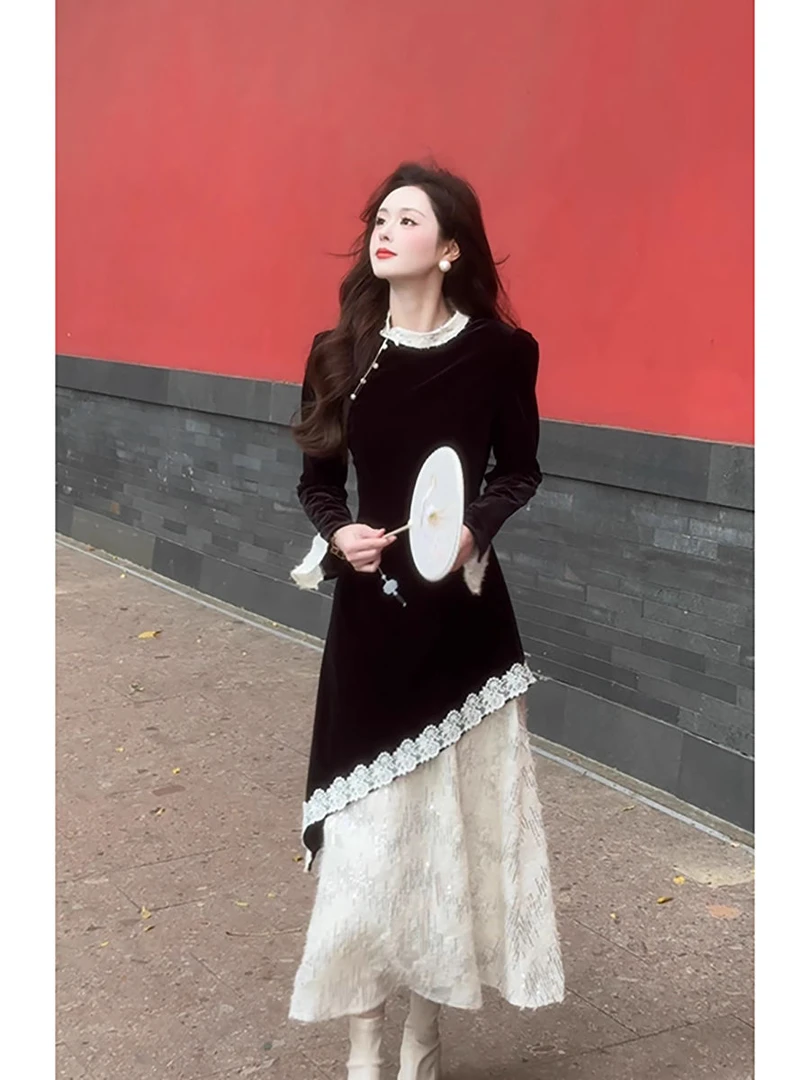 新中式国风改良旗袍连衣裙女气质高级感拼接显瘦长裙2024秋季新款