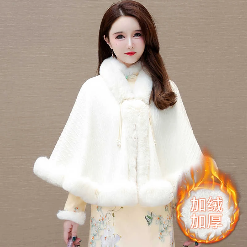 加厚绒披肩冬季结婚斗篷外搭配旗袍婚礼服毛茸茸领白色温柔仙女外
