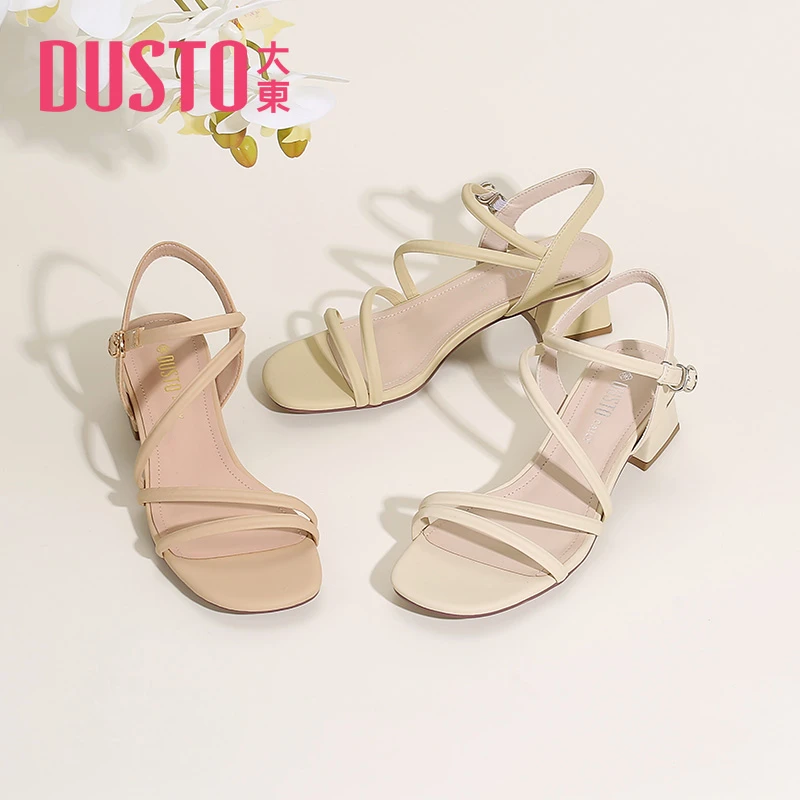 大东凉鞋女2024夏季新款休闲细带一字扣粗跟露趾气质女鞋0027