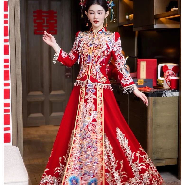 婉钰秀禾2024新款重工秀禾服中式新娘结婚礼服高端撞色嫁衣敬酒服