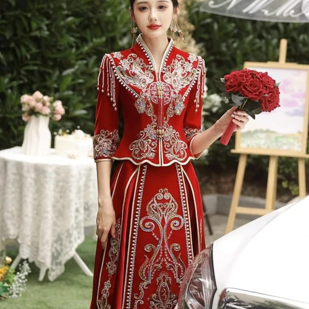 高档珠绣秀禾服2024新款中式礼服气质新娘结婚嫁衣显瘦敬酒服秋冬