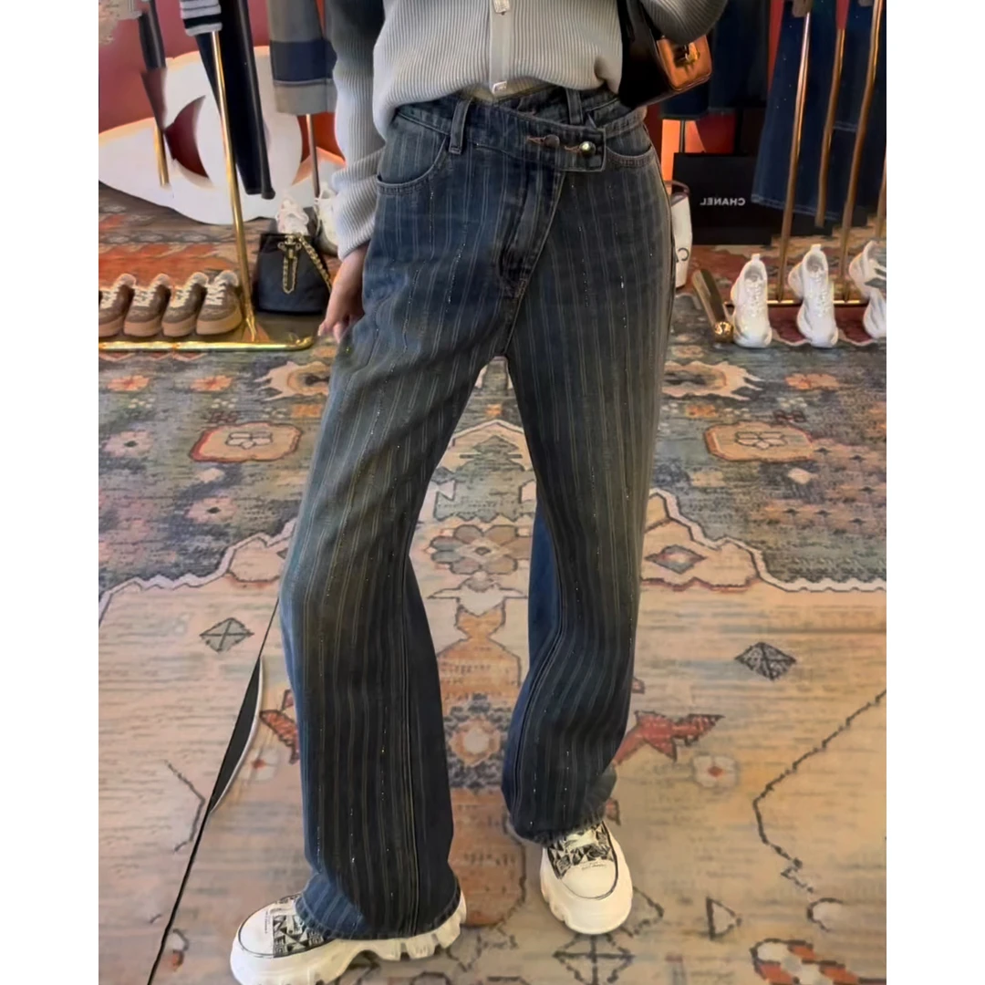 欧货时尚条纹高腰牛仔裤女2024秋季新款宽松百搭显瘦直筒阔腿裤子