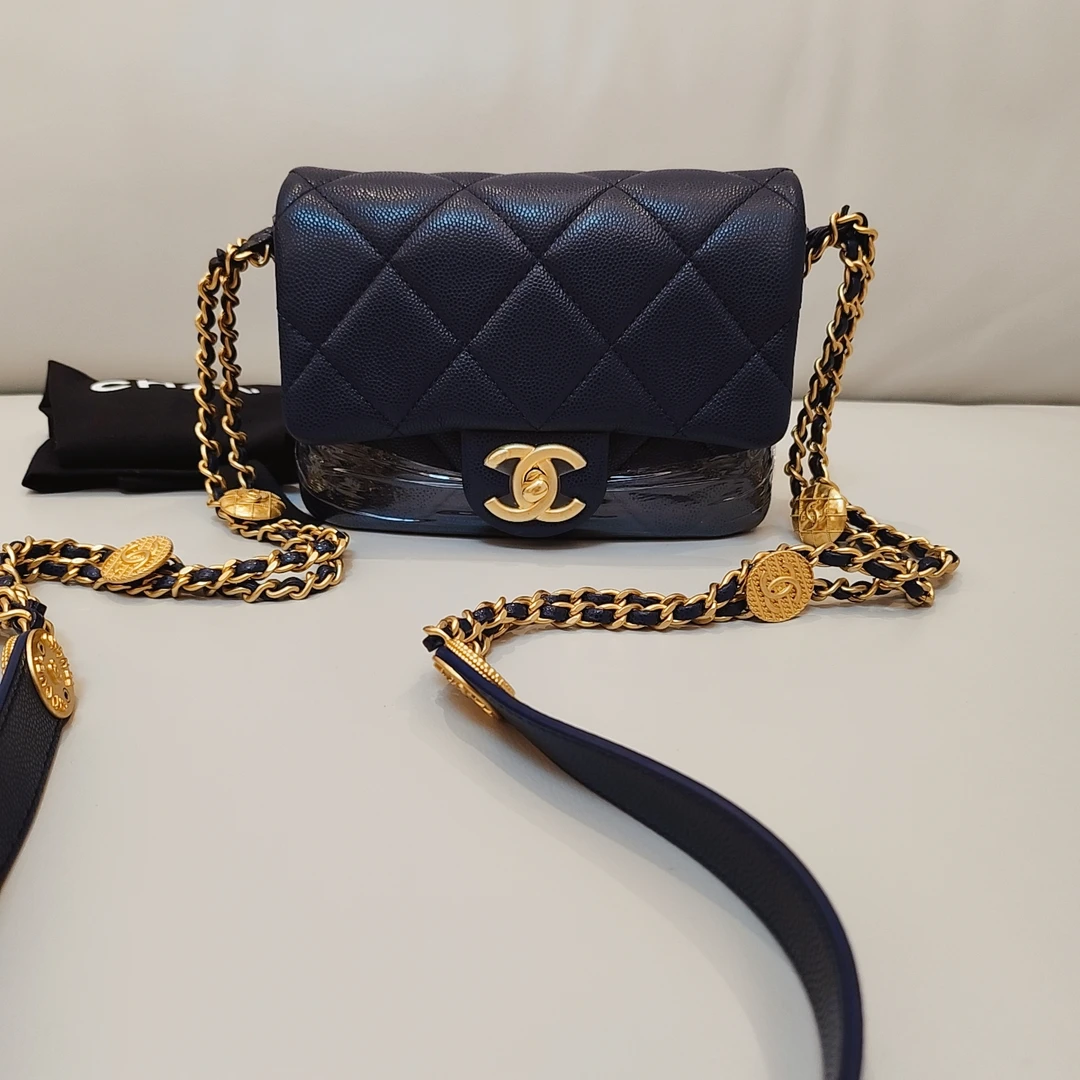 99新 Chanel/香奈儿 搁置品 Chanel 22a 荔枝纹金币方胖蓝色