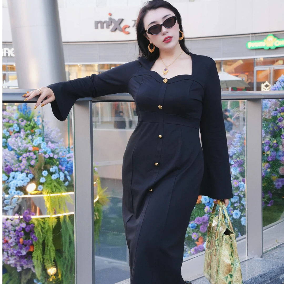 仟艺【都市新贵】弹力早秋设计师修身收腰开叉女装连衣裙