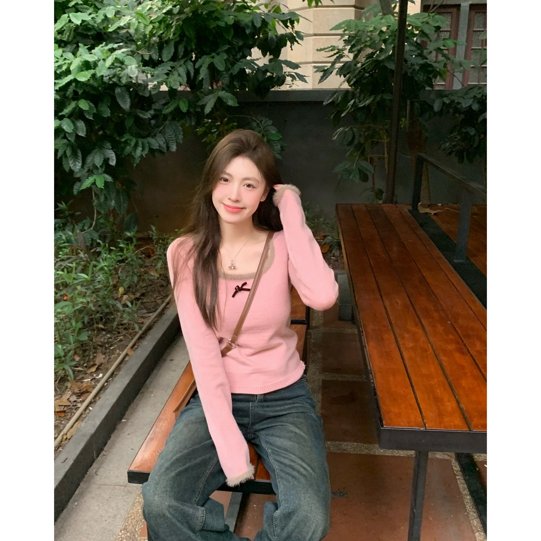 【清】KUMAYES蝴蝶结针织衫女2023秋冬套头短款上衣粉色针织衫