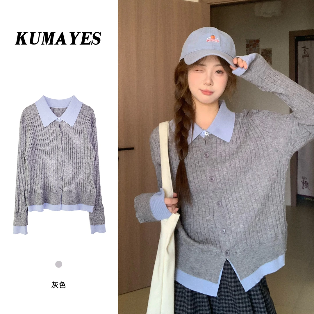 KUMAYES韩系撞色polo领假两件针织开衫女学院风麻花百搭显瘦上衣