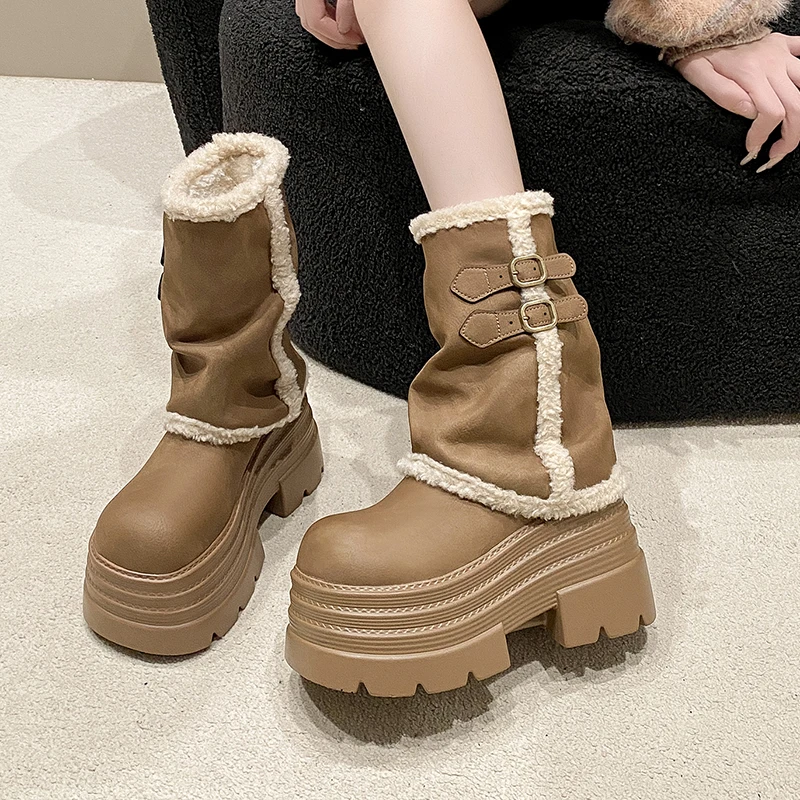 厚底羔羔毛高筒雪地靴女2025秋冬小个子粗跟裤管靴加绒毛毛长筒靴