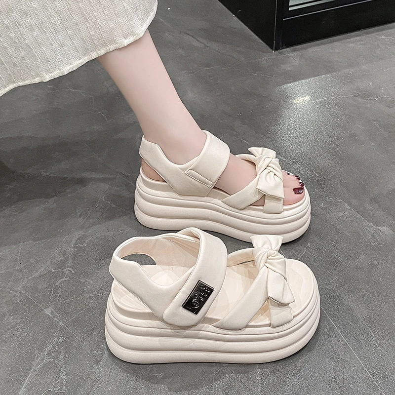 厚底凉鞋女2025夏季新款蝴蝶结配裙子松糕增高软底休闲罗马沙滩鞋