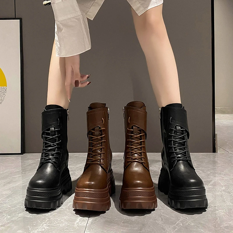 英伦风马丁靴女内增高小个子厚底中筒复古靴子2025秋冬新款瘦瘦靴
