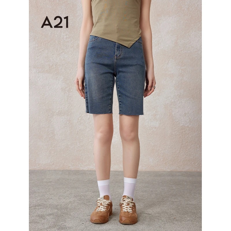 A21女装高腰牛仔短裤女夏季薄款宽松直筒中裤五分裤女F442226012