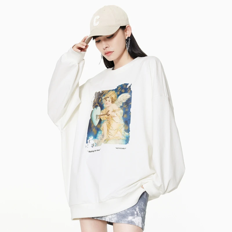 A21女装针织韩版休闲简约印花运动圆领落肩长袖卫衣衫F421232020