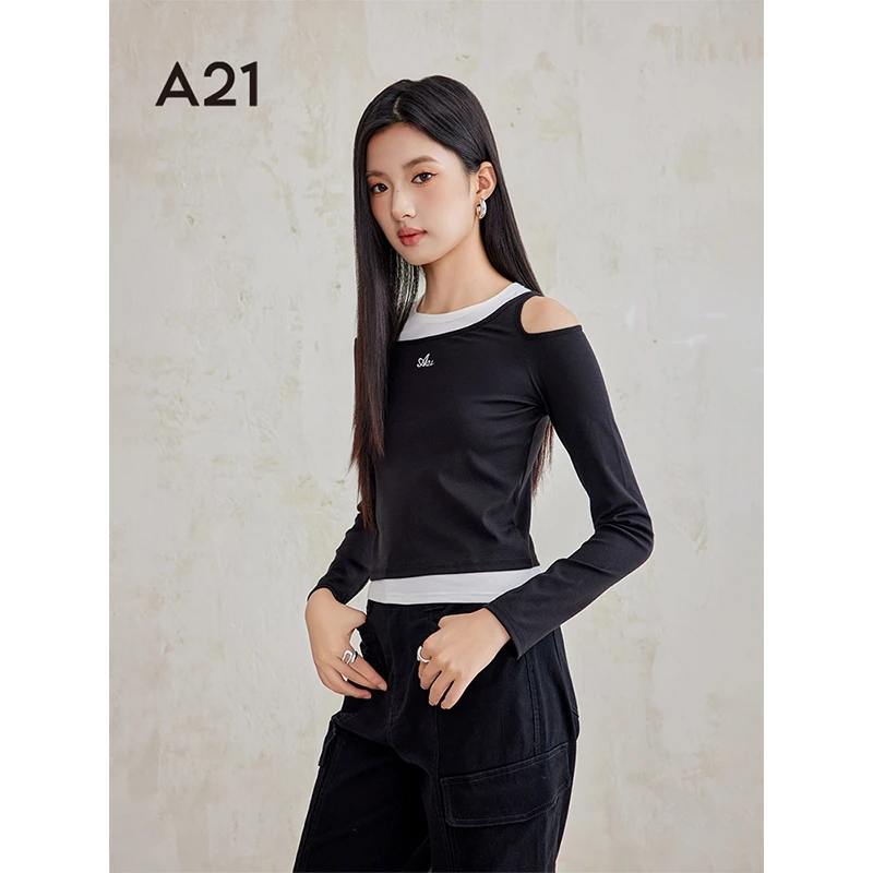 A21女装针织修身圆领假两件长袖T恤F443231014