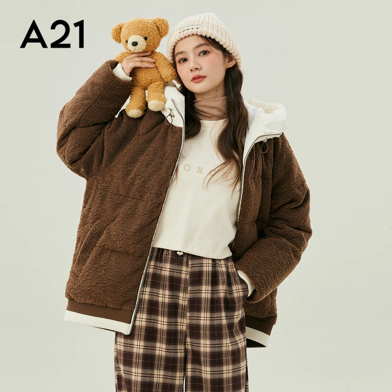 A21女装针织休闲宽松连帽长袖开胸厚羽绒服热力特卖R424235003