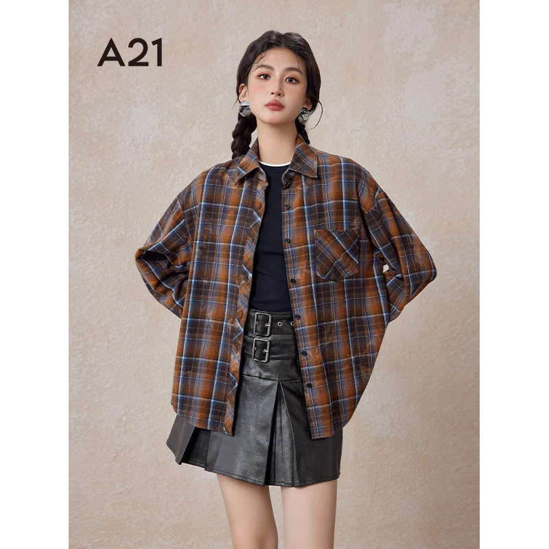 A21女装翻领长袖衬衫春秋季复古显瘦百搭休闲格子衫F441210004