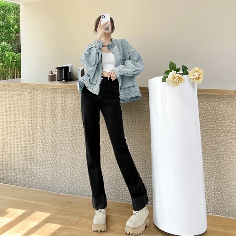 实拍简约经典百搭高腰弹力显瘦烟管直筒牛仔长裤女加长版高个子秋