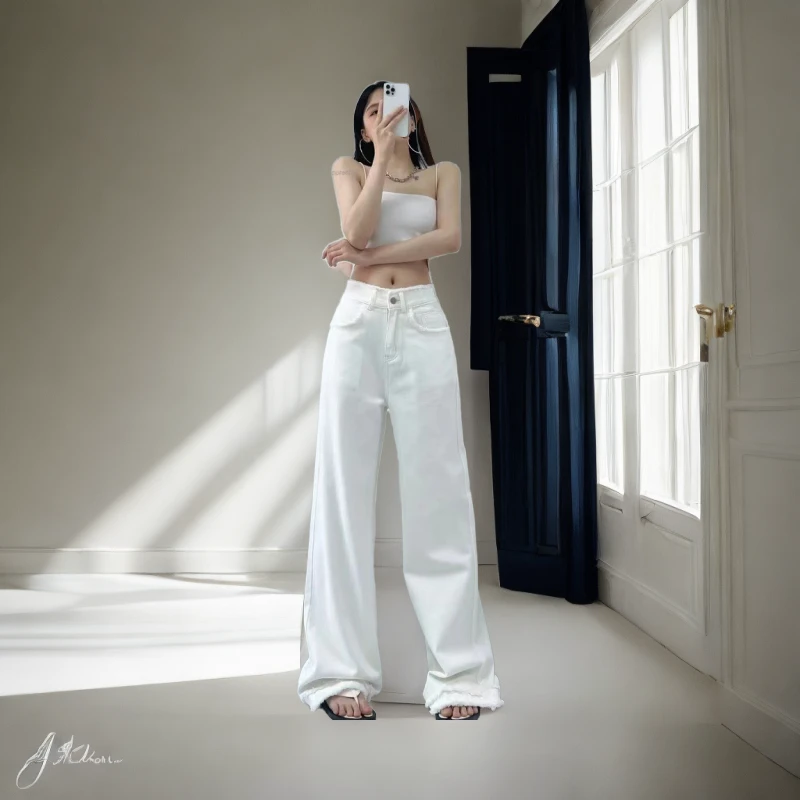 裤长115cm毛边设计感高腰宽松阔腿复古牛仔夏季加长版拖地长裤