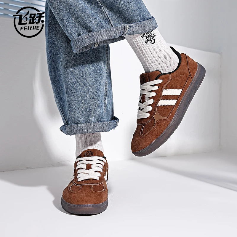 飞跃真皮德训鞋女磨砂2024秋冬新款韩版复古平底百搭休闲运动鞋潮