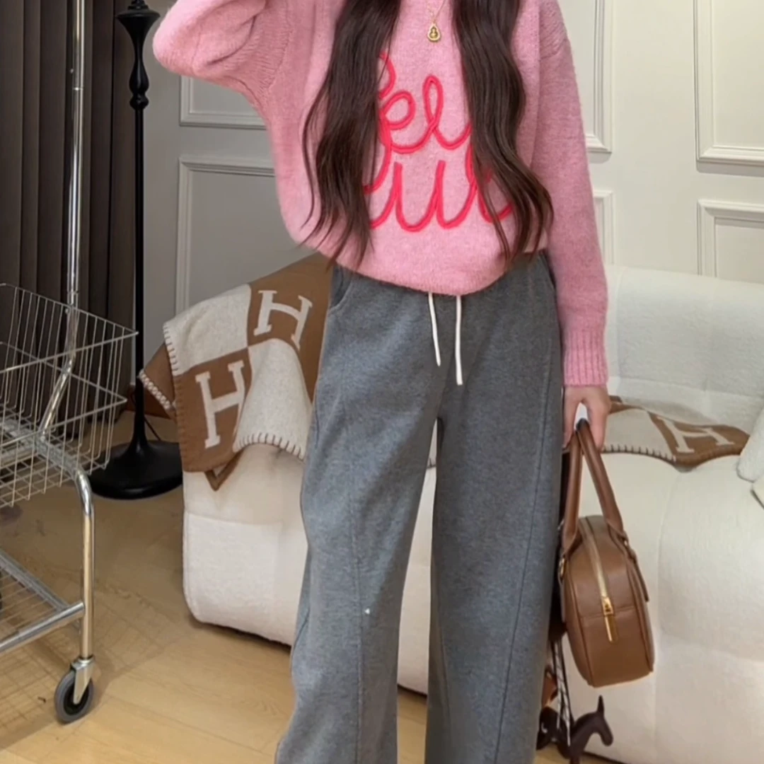 【77女装定制】秋冬休闲抽绳人字纹加绒百搭阔腿裤卫裤