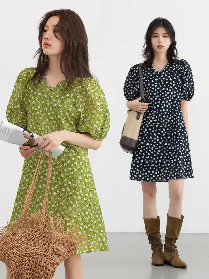 法式泡泡袖小花朵连衣裙6688