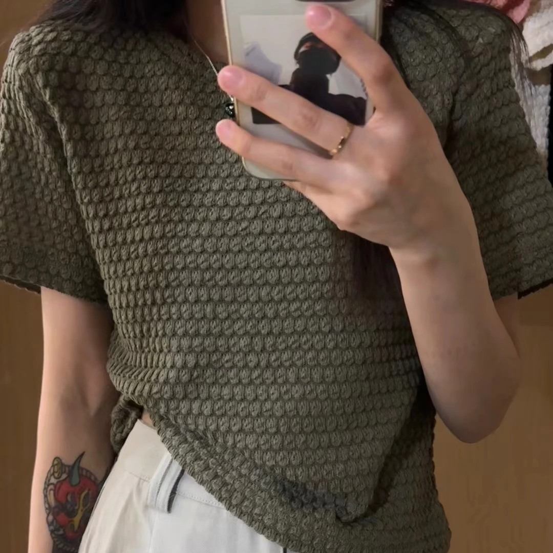 纯色垫肩圆领针织短袖5819