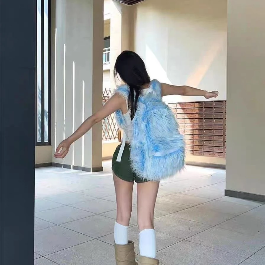 雪怪双色撞色冰蓝毛毛小众男女潮流户外双肩包