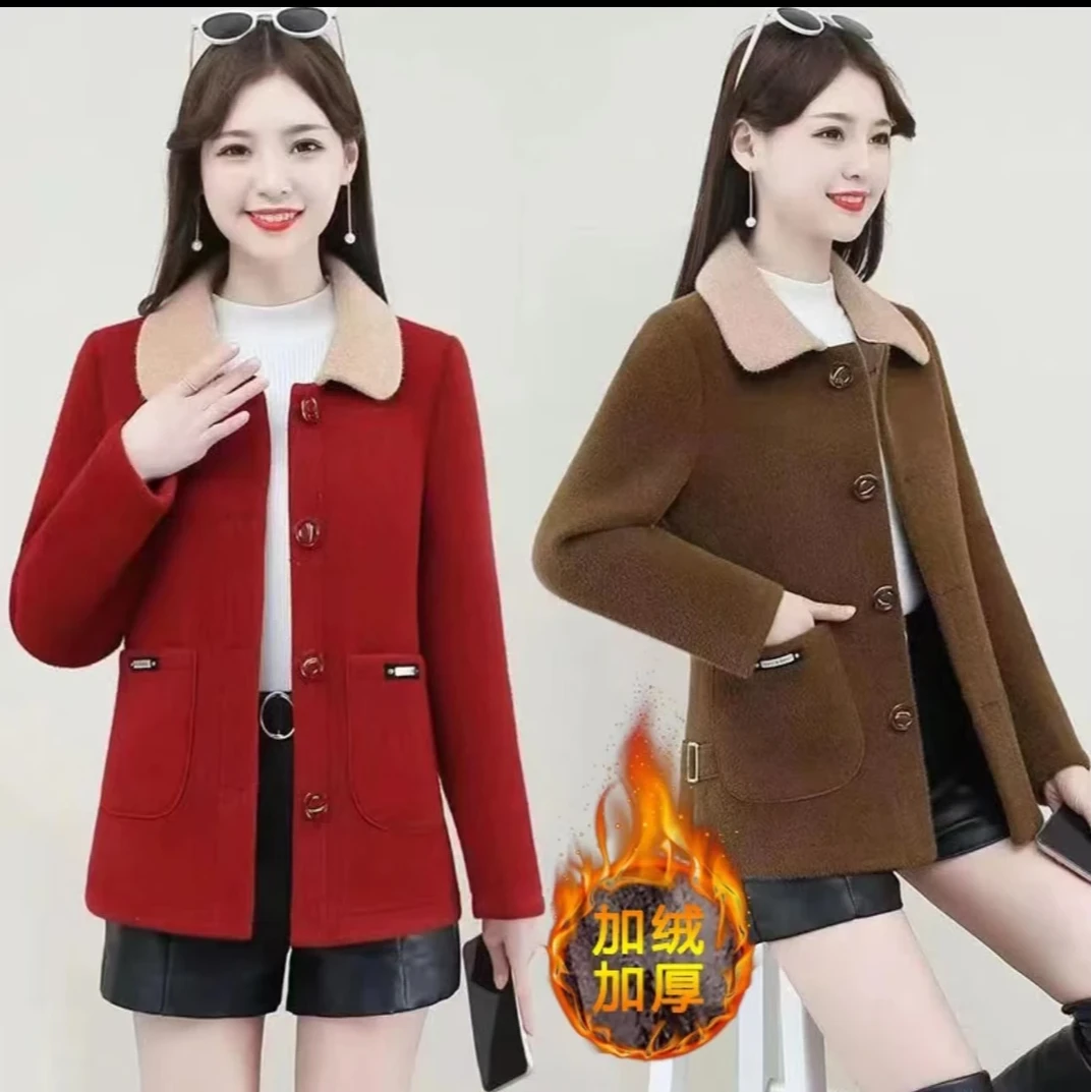 妈妈秋冬新款加绒洋气外套短款时尚中来老年女休闲纯色毛呢上衣