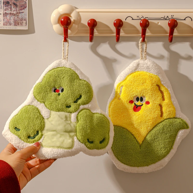 珊瑚绒擦手巾厨房浴室卫生间抹布可爱蔬菜柔软毛巾卡通可挂式手帕