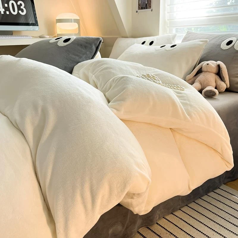 ins混搭风牛奶绒床单四件套冬款床上用品加厚保暖法兰绒被套床笠