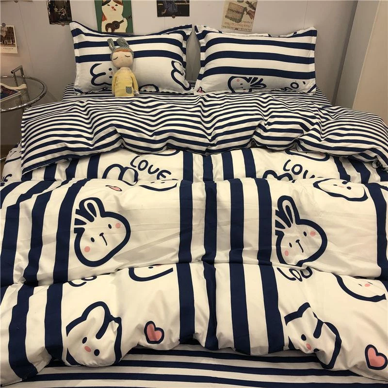 少女心条纹兔兔四件套卡通可爱ins学生宿舍三件套斜纹被套床品