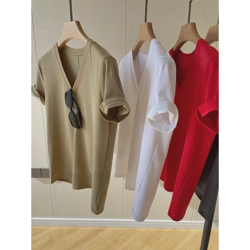 正肩v领短袖t恤女夏季薄款高级感超好看内搭打底体恤港味chic上衣