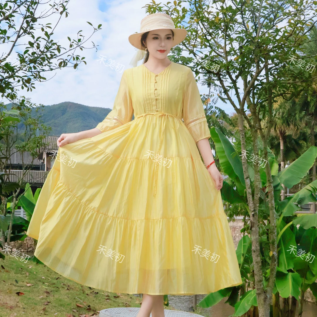 花美人（8059）夏季气质文艺莱赛尔天丝宽松收腰连衣裙仙女裙大摆裙