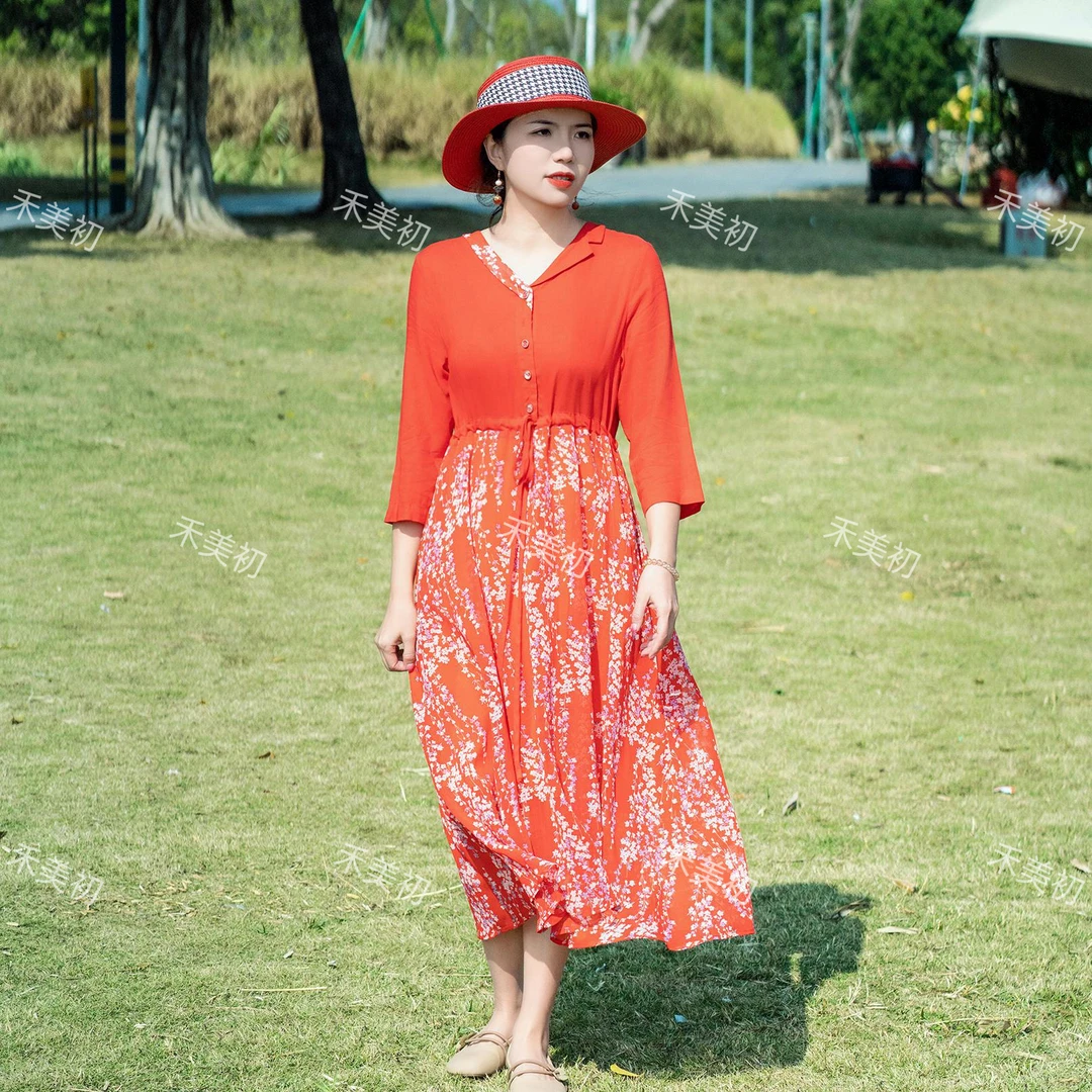 （8028）2024春夏新款复古亚麻拼接雪纺碎花民族风气质休闲连衣裙
