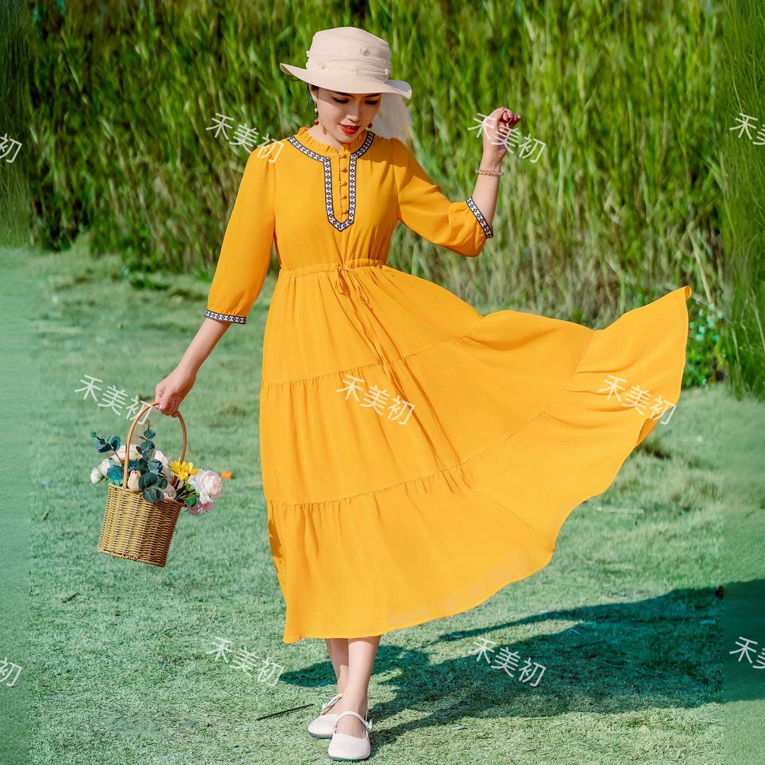 （8033）2024新款春夏夏季复古民族风大码雪纺气质连衣裙洋气长裙