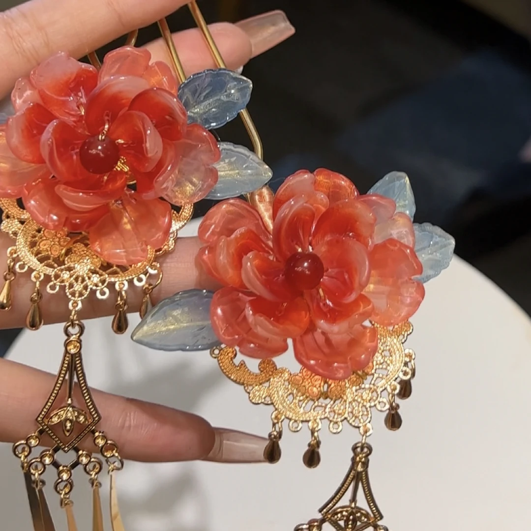 大哥家大红色木芙蓉流苏古风汉服发簪古典发簪步摇