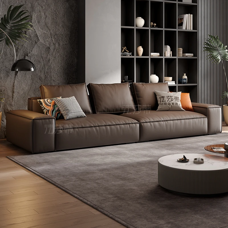 (SF112皮#)网红豆腐块真皮沙发进口真皮意式北欧极简三人位直排