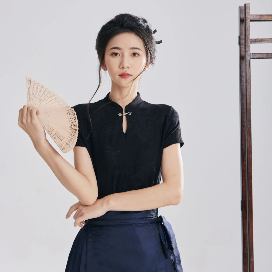 媚海棠【雲鹤】短袖原创新中式百搭时尚简约盘口上衣夏季提花