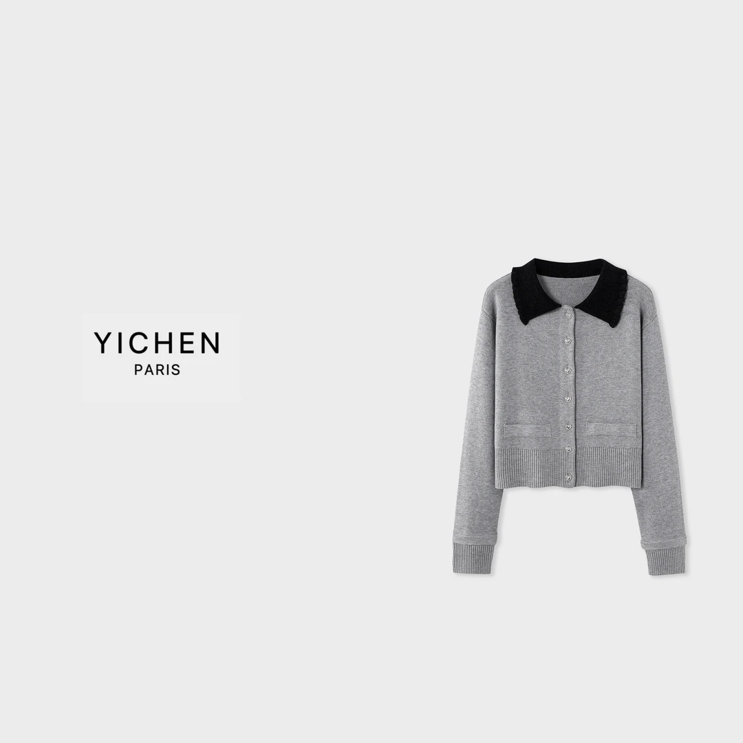 YC 经典灰黑色甜美翻领爱心单排扣长袖毛衣款式外套-2288