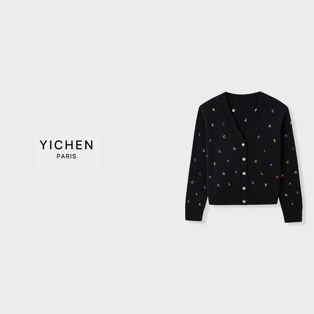 YC 手工坊系列彩色刺绣字母V领单排扣针织外套-2954