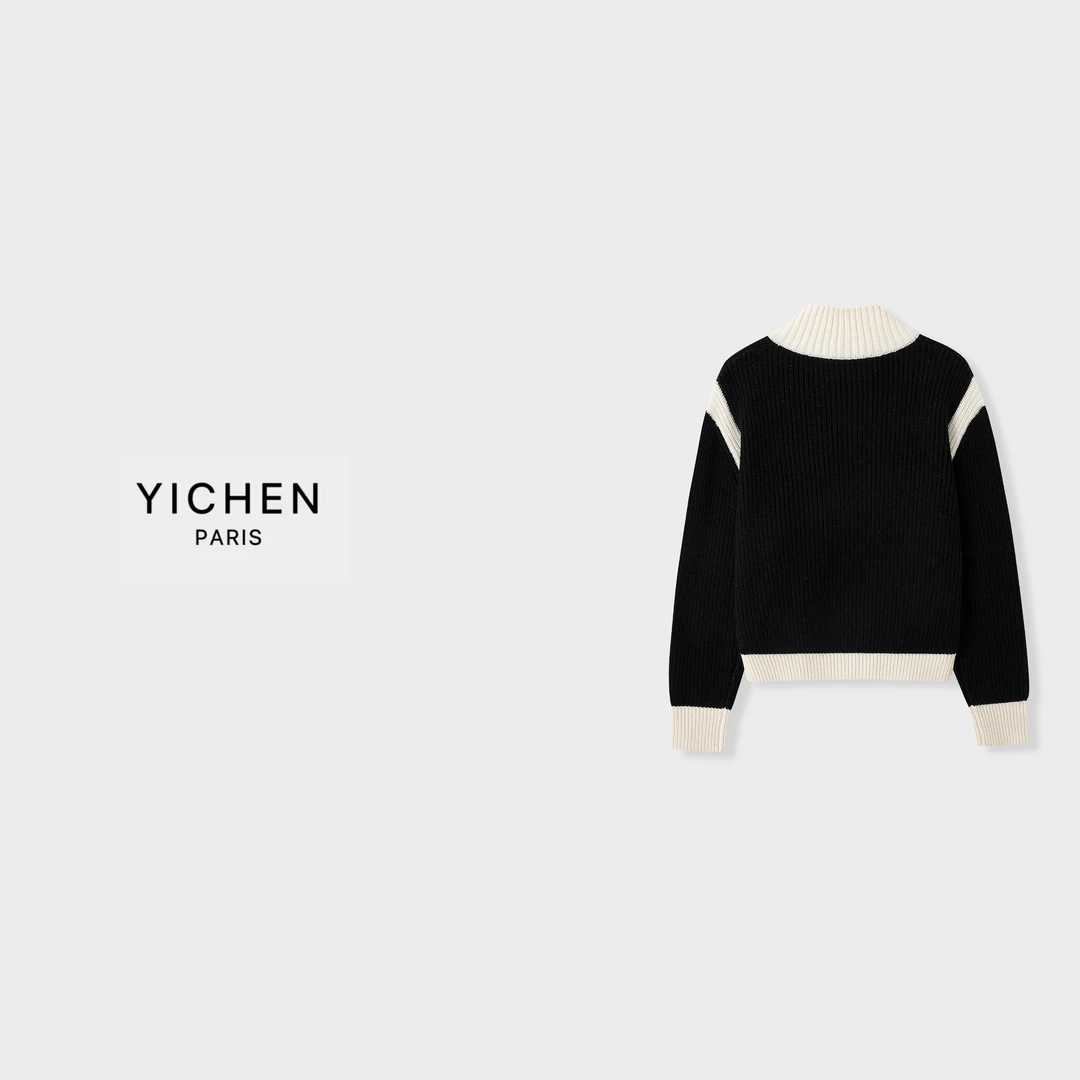 YC 黑白拼色粗针拉链款慵懒风毛衣外套-2797