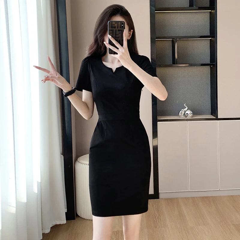 职业装连衣裙珠宝店美容院售楼部工作服职场夏季气质小黑裙工装裙