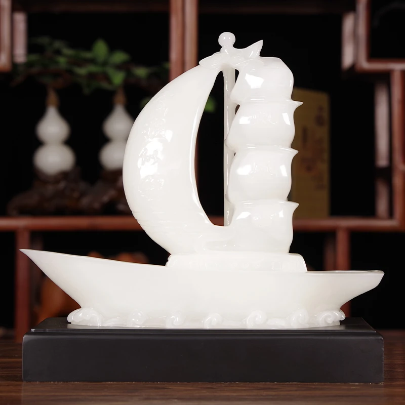 天然玉石帆船摆件玄关客厅酒柜办公室装饰品开业送礼品手工工艺品